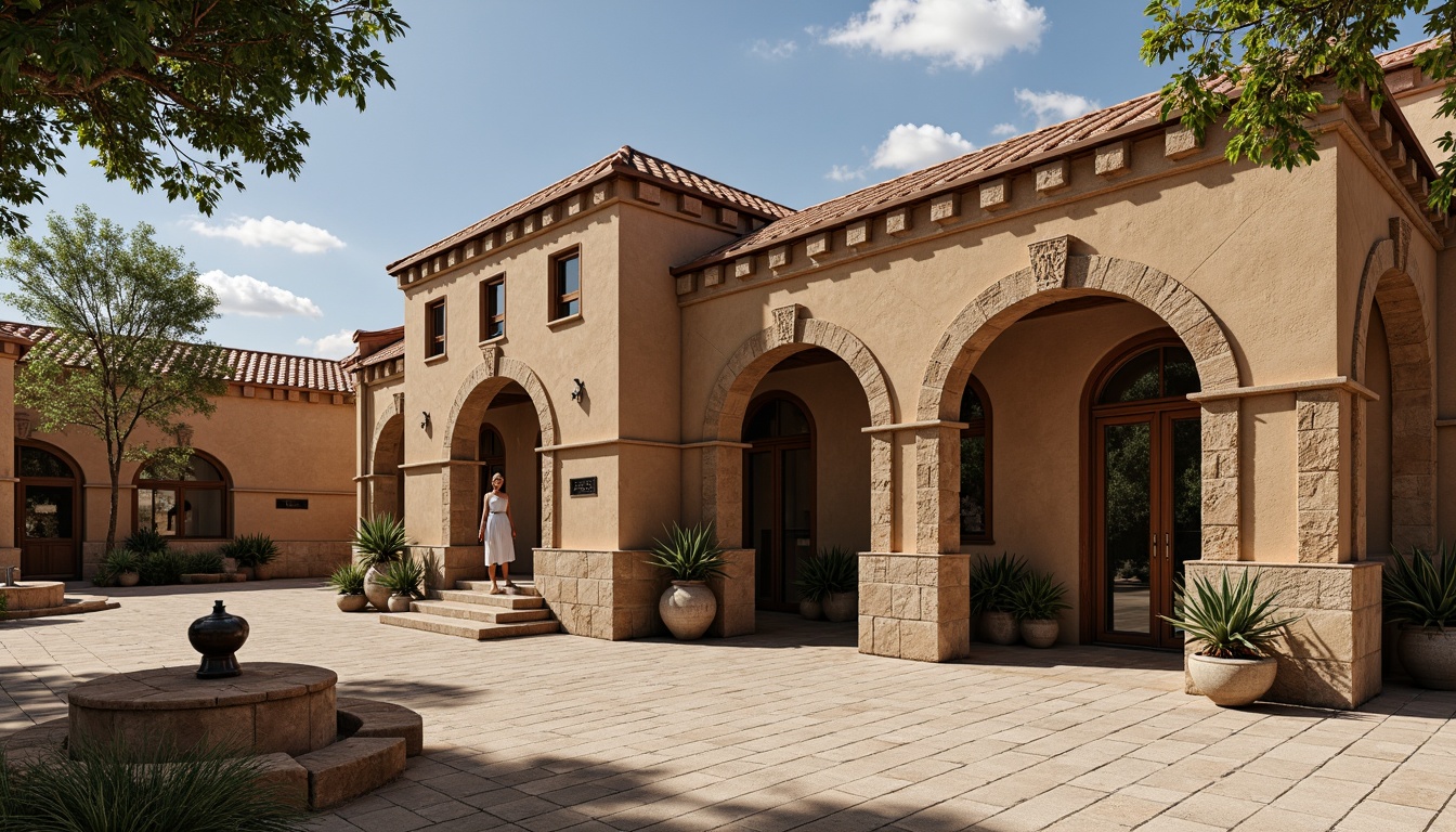 Prompt: Rustic clinic building, Romanesque arches, sturdy stone columns, ornate carvings, grand entrance, decorative doorways, rounded windows, terra cotta roof tiles, weathered stonework, earthy color palette, natural lighting, soft shadows, warm ambiance, 1/2 composition, shallow depth of field, subtle texture details.