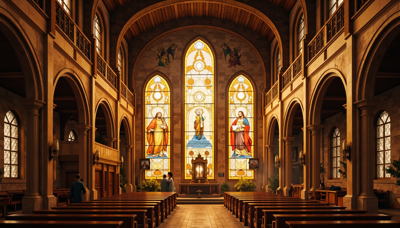 Prompt: Vibrant stained glass windows, warm golden lighting, rich wood tones, ornate stone carvings, grand cathedral ceilings, intricate murals, spiritual symbols, elegant archways, sacred ambiance, soft warm color palette, subtle texture contrasts, dramatic vertical compositions, atmospheric misting effects, realistic material renderings.