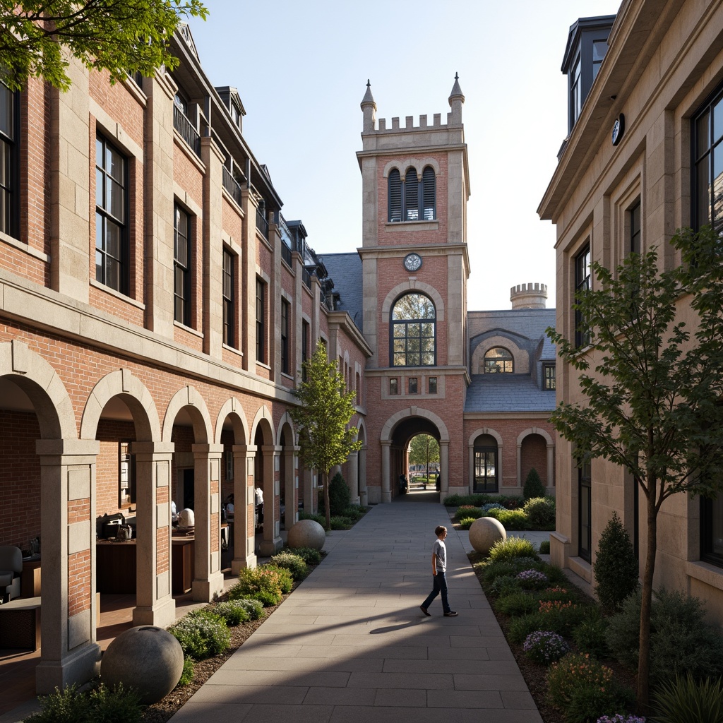 Prompt: Elegant university campus, historic stone fa\u00e7ades, ornate clock towers, grand entrance archways, symmetrical columnar structures, refined brick patterns, limestone walls, slate roofs, vibrant stained glass windows, modern steel reinforcements, robust concrete foundations, earthquake-resistant design, sustainable energy-efficient systems, rainwater harvesting systems, green rooftops, lush courtyard gardens, serene walking paths, warm afternoon sunlight, soft natural lighting, shallow depth of field, 1/2 composition, realistic textures, ambient occlusion.