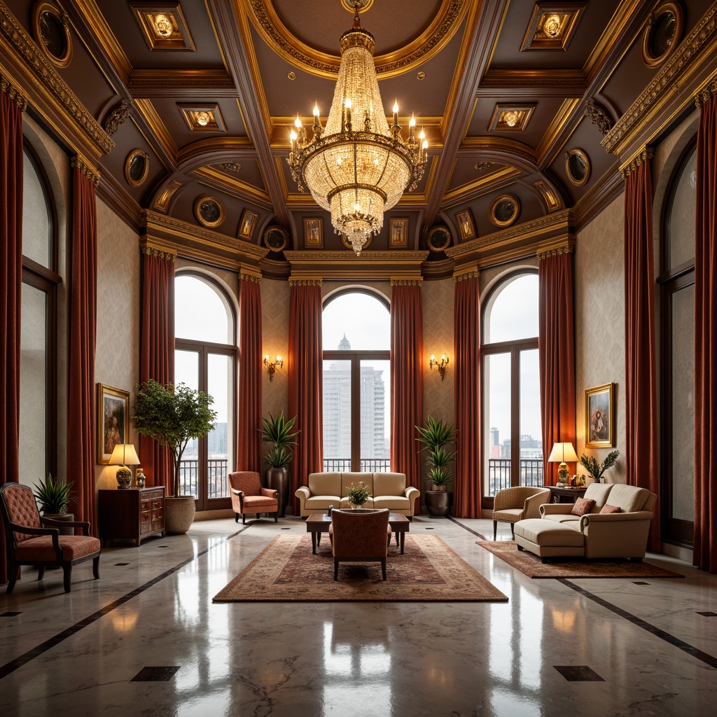 Prompt: Luxurious penthouse interior, symmetrical layout, Renaissance-inspired architecture, grand chandelier, marble flooring, ornate ceiling designs, lavish furnishings, rich velvet textiles, golden accents, elegant curves, intricate moldings, regal atmosphere, warm ambient lighting, soft focus, shallow depth of field, 1/1 composition, realistic reflections, subtle textures.