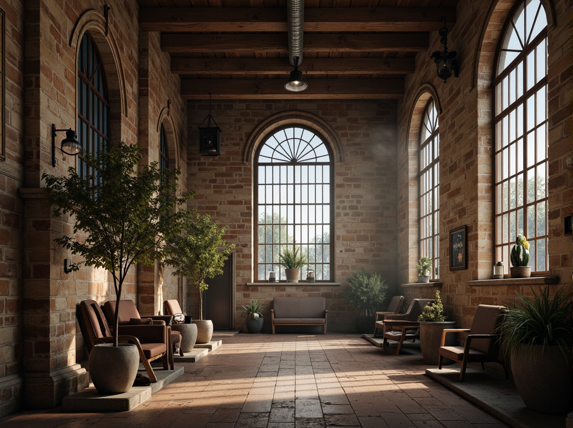 Prompt: Rustic stone walls, arched windows, grand vaulted ceilings, ornate columns, intricate carvings, metal lanterns, industrial piping, exposed brickwork, distressed wooden beams, vintage machinery, reclaimed metal accents, earthy color palette, warm soft lighting, atmospheric fog effect, cinematic shallow depth of field, 2/3 composition, symmetrical framing, detailed textures, ambient occlusion.