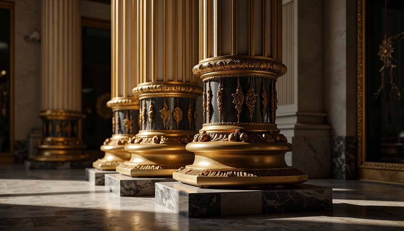 Prompt: Ornate column, golden capitals, intricate carvings, ornamental details, marble or granite base, fluted shafts, twisting volutes, acanthus leaf motifs, grandiose architectural style, luxurious ambiance, high-contrast lighting, dramatic shadows, 1/2 composition, low-angle shot, atmospheric perspective, realistic textures, subtle ambient occlusion.