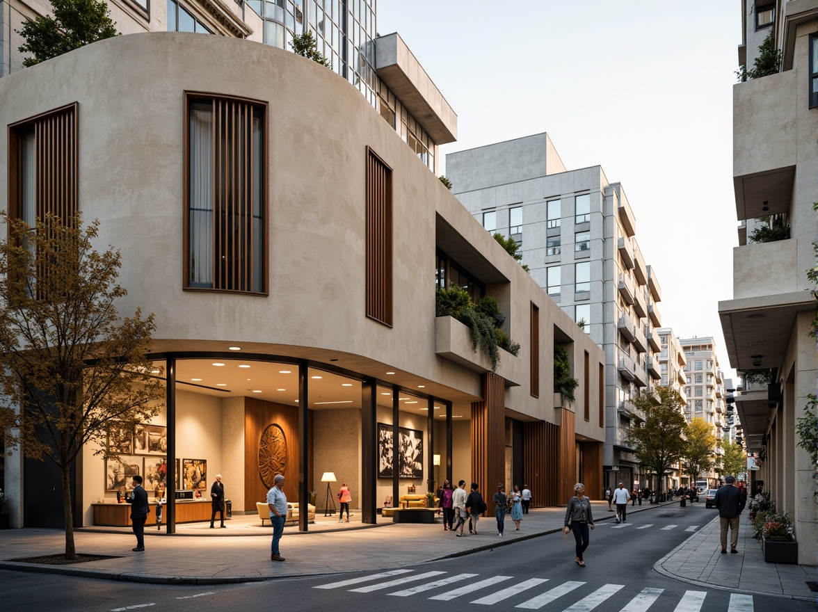 Prompt: Neutral beige facades, rich wood accents, sleek metal frames, large glass windows, minimalist decor, modernist sculptures, urban cityscape, busy street activity, vibrant street art, eclectic cultural influences, brutalist concrete structures, industrial chic aesthetics, warm golden lighting, shallow depth of field, 1/1 composition, realistic textures, ambient occlusion.