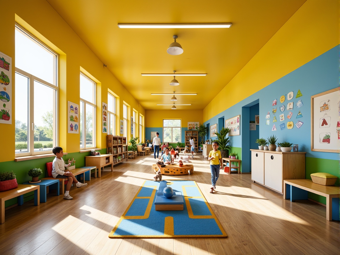 Prompt: Vibrant kindergarten, bright yellow walls, sky blue accents, playful alphabet murals, educational posters, wooden flooring, natural light, airy corridors, open classrooms, collaborative workspaces, interactive whiteboards, colorful furniture, fun geometric patterns, stimulating learning environment, warm afternoon lighting, shallow depth of field, 1/1 composition, realistic textures, ambient occlusion.