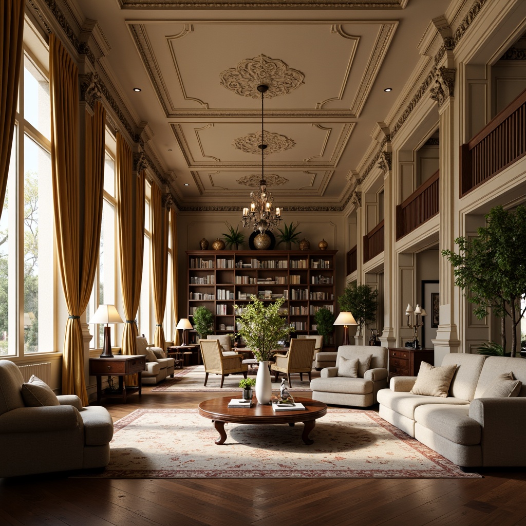 Prompt: Elegant library interior, rich wood accents, ornate moldings, neoclassical columns, grand chandeliers, lavish furnishings, intricate carvings, sophisticated color palette, warm beige tones, soft golden hues, muted sage greens, rich walnut browns, creamy whites, subtle texture overlays, dramatic lighting effects, high contrast ratios, 1/2 composition, symmetrical framing, realistic material renderings, ambient occlusion.