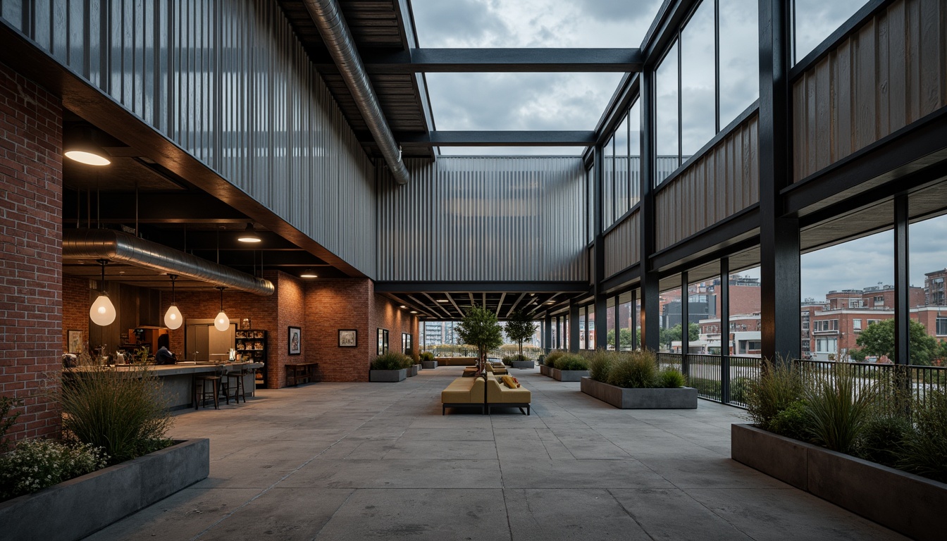 Prompt: Industrial-themed warehouse, galvanized steel cladding, fire brick walls, metal beams, exposed ductwork, concrete flooring, modern industrial lighting, high ceilings, functional piping, urban cityscape, cloudy grey sky, dramatic shadows, warm interior lighting, 1/2 composition, realistic textures, ambient occlusion.