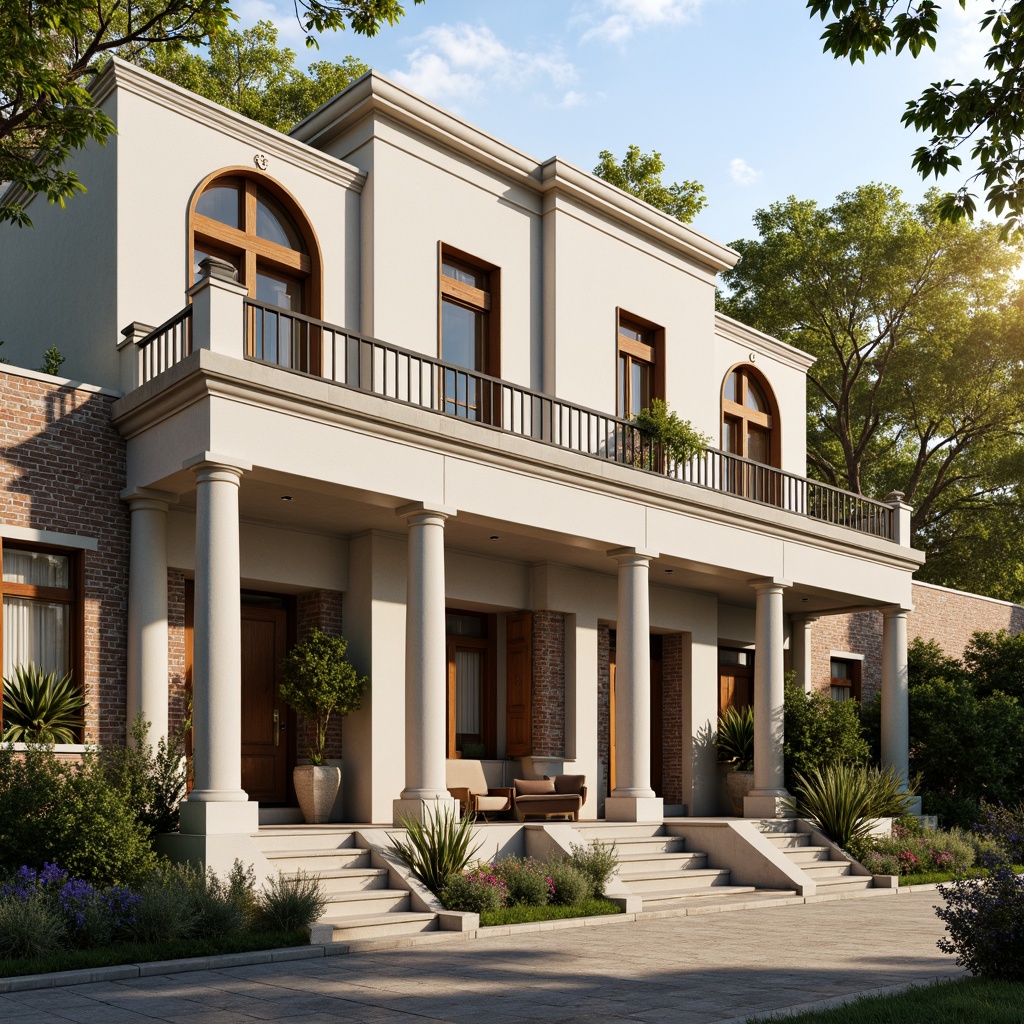 Prompt: Elegant residential facade, classical columns, ornate balustrades, grand entranceways, symmetrical composition, neutral color palette, creamy whites, warm beige tones, soft gray stones, rustic brick walls, decorative cornices, pediments, pilasters, arched windows, Juliet balconies, wrought iron railings, lush greenery, blooming flowers, sunny day, warm golden lighting, shallow depth of field, 1/2 composition, realistic textures, ambient occlusion.