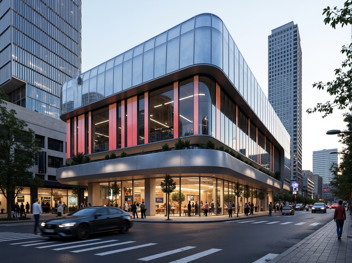 Prompt: Modern tram station, futuristic facade design, sleek metal cladding, LED lighting displays, dynamic curves, angular lines, vibrant colored glass panels, cantilevered roofs, open-air platforms, urban cityscape, bustling streets, pedestrian traffic, morning commute, natural daylight, softbox lighting, 1/1 composition, shallow depth of field, realistic textures, ambient occlusion.