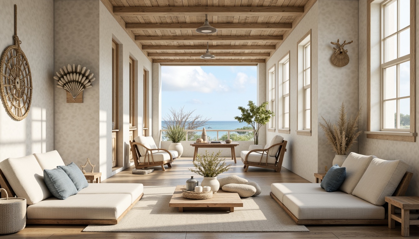 Prompt: Calming coastal ambiance, soft sandy beige walls, weathered wood accents, ocean-inspired blues, crisp whites, natural textures, driftwood decorations, nautical rope details, shell-shaped accessories, beachy vibes, warm sunny lighting, shallow depth of field, 1/1 composition, realistic reflections, ambient occlusion.