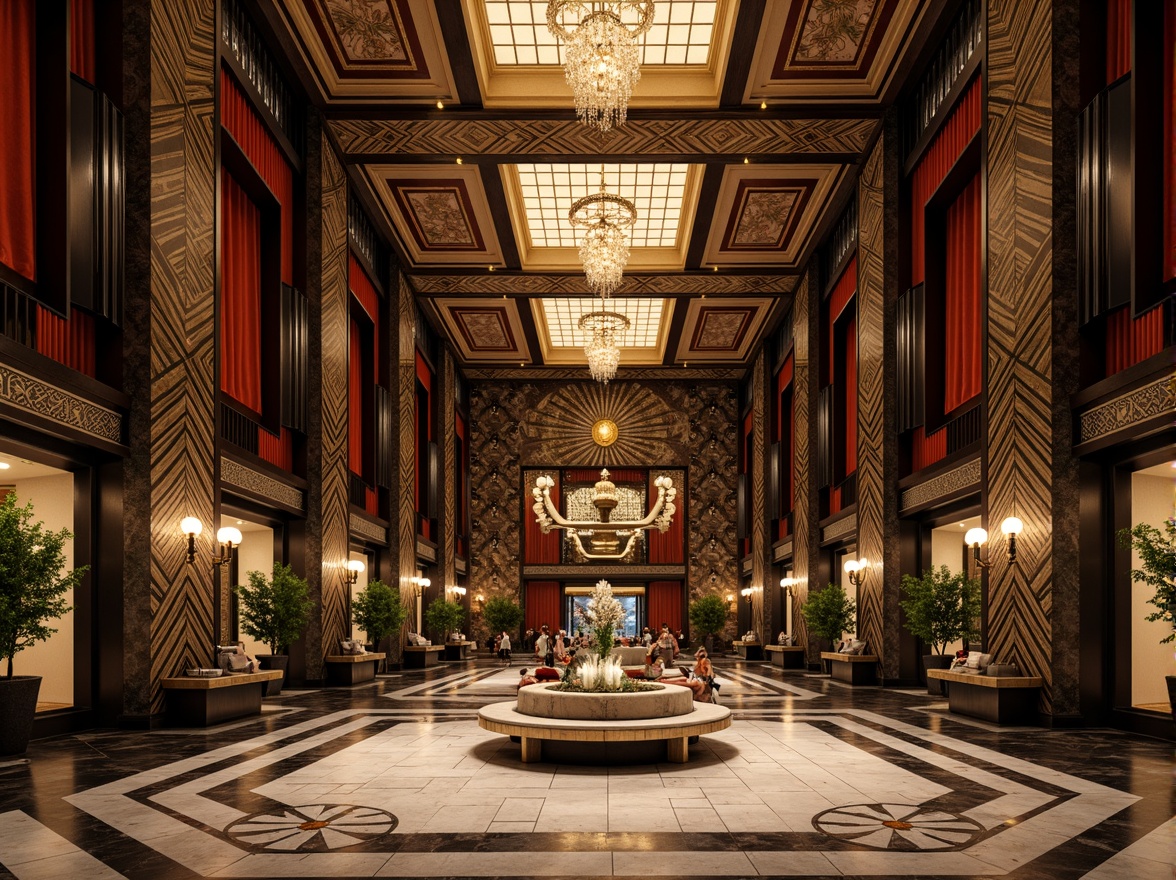 Prompt: Luxurious Art Deco building, metallic accents, ornate geometrical patterns, chevron designs, zigzag motifs, sunburst details, stylized florals, lavish decorations, opulent materials, marble floors, polished chrome fixtures, crystal chandeliers, velvet drapes, glamorous atmosphere, low-angle lighting, cinematic composition, high-contrast colors, dramatic shadows, intricate textures, sophisticated ambiance.