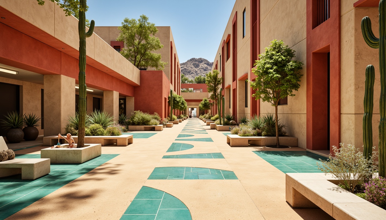 Prompt: Vibrant desert metro station, warm beige walls, terracotta red accents, sandy dune-inspired flooring, turquoise glass tiles, cactus-green metallic columns, abstract geometric patterns, natural stone benches, modern LED lighting, shallow depth of field, 3/4 composition, panoramic view, realistic textures, ambient occlusion, urban desert landscape, hot sunny day, clear blue sky.