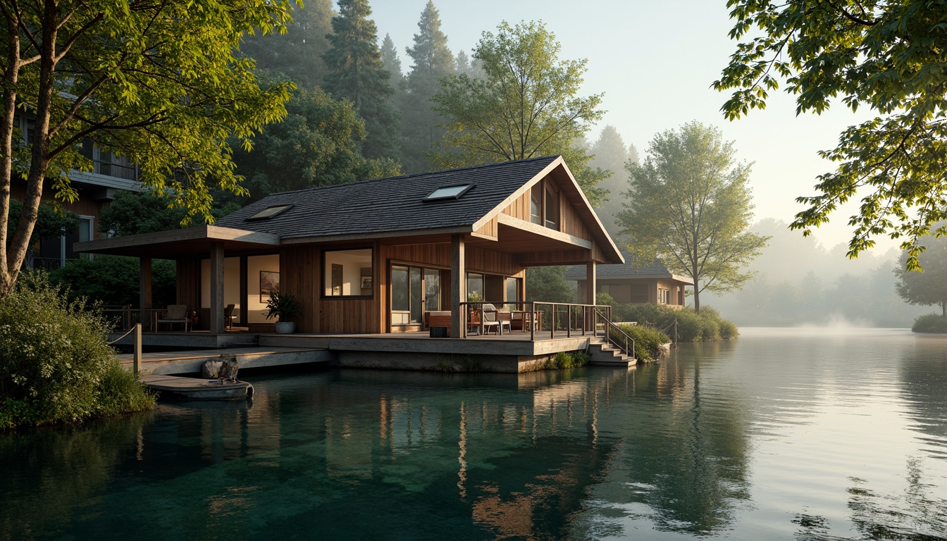 Prompt: Rustic boathouse, eclectic architecture, natural lake surroundings, lush greenery, overhanging trees, wooden docks, vintage nautical elements, distressed wood textures, earthy color palette, warm cozy lighting, shallow water reflections, misty morning atmosphere, soft focus background, 1/2 composition, symmetrical framing, realistic water ripples, subtle ambient noise.