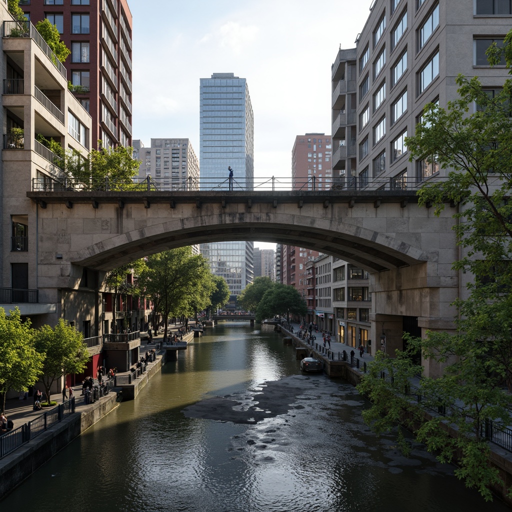 Prompt: Rugged brutalist bridge, weathered concrete texture, industrial aesthetic, urban cityscape, bustling streets, heavy pedestrian traffic, modern skyscrapers, sleek glass facades, vibrant street art, eclectic neighborhood, juxtaposed natural scenery, lush greenery, meandering river, serene water reflections, soft misty atmosphere, shallow depth of field, 2/3 composition, dramatic lighting, ambient occlusion.