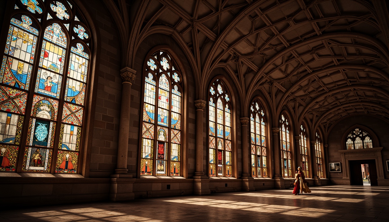 Prompt: Vibrant stained glass windows, intricate geometrical patterns, rich jewel-toned colors, ornate stone carvings, grandiose Romanesque architecture, majestic vaulted ceilings, sturdy columns, arched doorways, mystical ambiance, warm golden lighting, dramatic shadows, 1/1 composition, low-key contrast, atmospheric perspective, realistic textures.