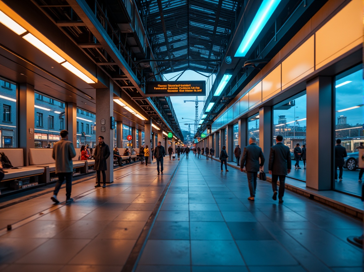 Prompt: Futuristic tram station, metallic surfaces, neon lights, sleek lines, modern architecture, high-tech equipment, digital displays, vibrant LED colors, glowing accents, reflective materials, minimalist design, urban landscape, cityscape views, busy pedestrian traffic, rush hour atmosphere, warm color tones, soft ambient lighting, shallow depth of field, 3/4 composition, panoramic view, realistic textures, ambient occlusion.