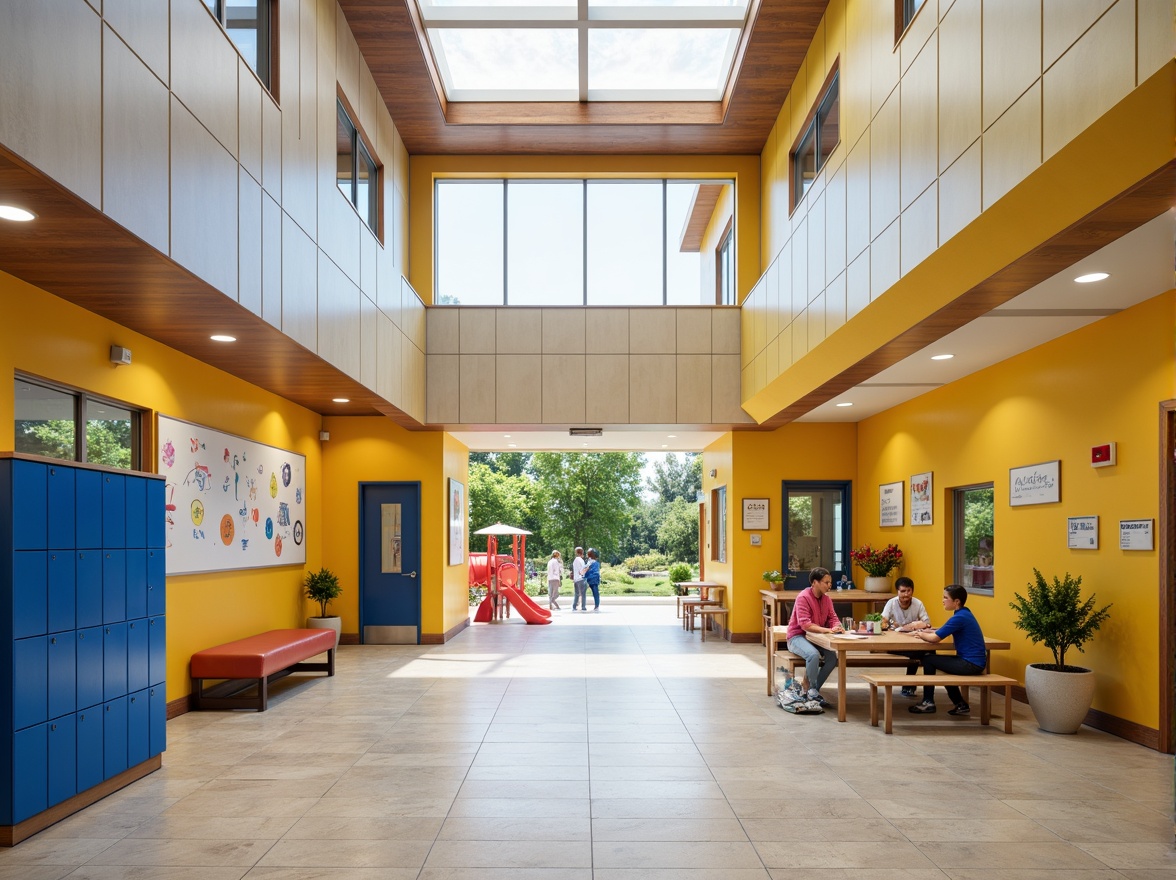 Prompt: Vibrant elementary school, bright corridors, warm beige walls, rich wooden accents, bold blue lockers, stimulating yellow classrooms, energetic green outdoor spaces, playful red playground equipment, inspiring whiteboards, educational signage, natural stone floors, comfortable seating areas, abundant daylight, soft overhead lighting, 1/1 composition, symmetric architecture, modern minimalist design, subtle texture overlays.