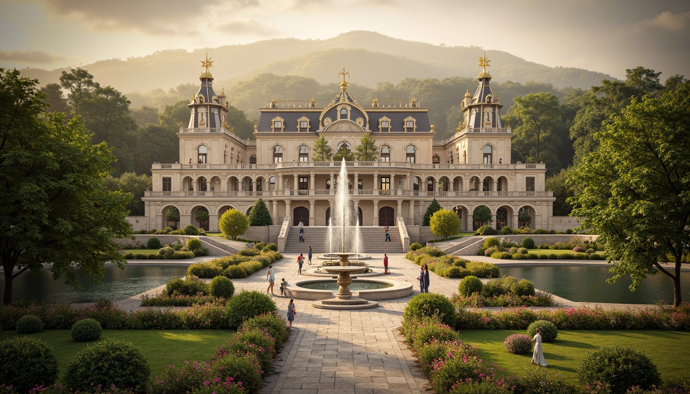 Prompt: Grandiose baroque palace, ornate fountains, lush greenery, vibrant flowers, intricate stone carvings, symmetrical gardens, majestic statues, winding paths, serene lakeside, warm golden lighting, soft misty atmosphere, 1/1 composition, shallow depth of field, realistic textures, ambient occlusion.Please let me know if this meets your requirements.