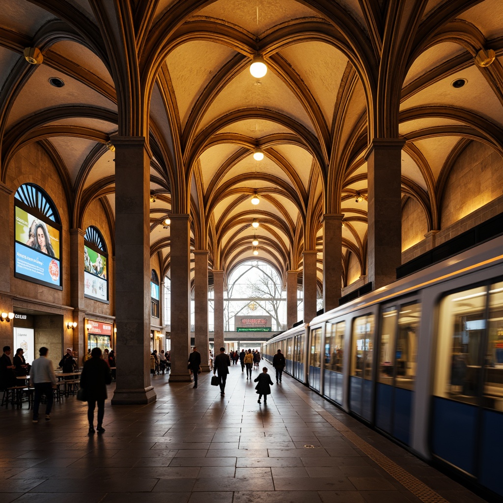 Prompt: Ancient Roman-inspired metro station, grand archways, vaulted ceilings, ornate columns, intricate stone carvings, warm golden lighting, bustling urban atmosphere, modern transportation hub, sleek trains, futuristic advertisements, busy pedestrian traffic, shallow depth of field, 1/1 composition, symmetrical framing, dramatic shadows, realistic textures, ambient occlusion.