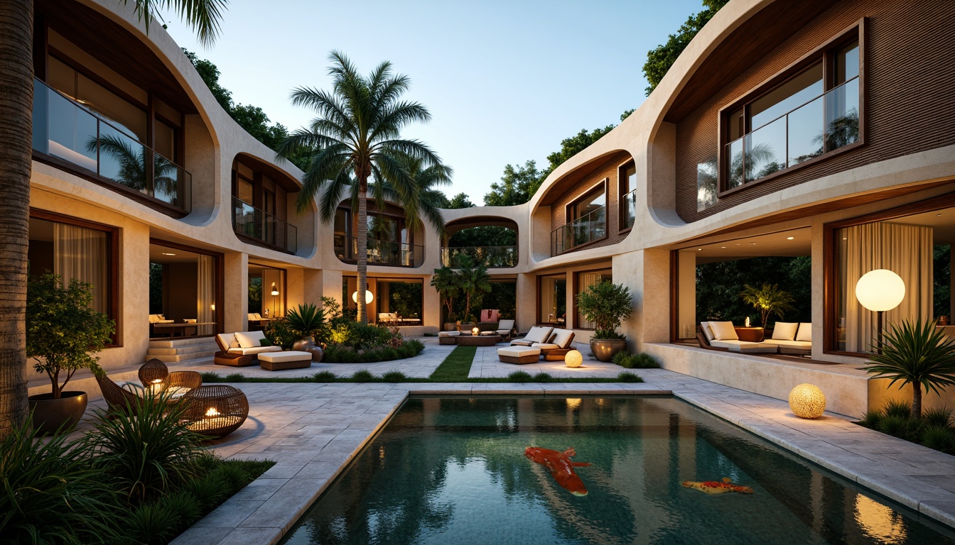 Prompt: Luxurious villa, postmodernist architecture, curved lines, irregular shapes, vibrant colors, eclectic mix of materials, natural stone walls, wooden accents, lush greenery, tropical plants, meandering pathways, tranquil water features, Koi ponds, rustic benches, oversized lanterns, whimsical sculptures, warm ambient lighting, soft focus, 1/1 composition, intimate atmosphere, private courtyard, secluded seating areas, fragmented landscape, organic forms, abstract patterns.