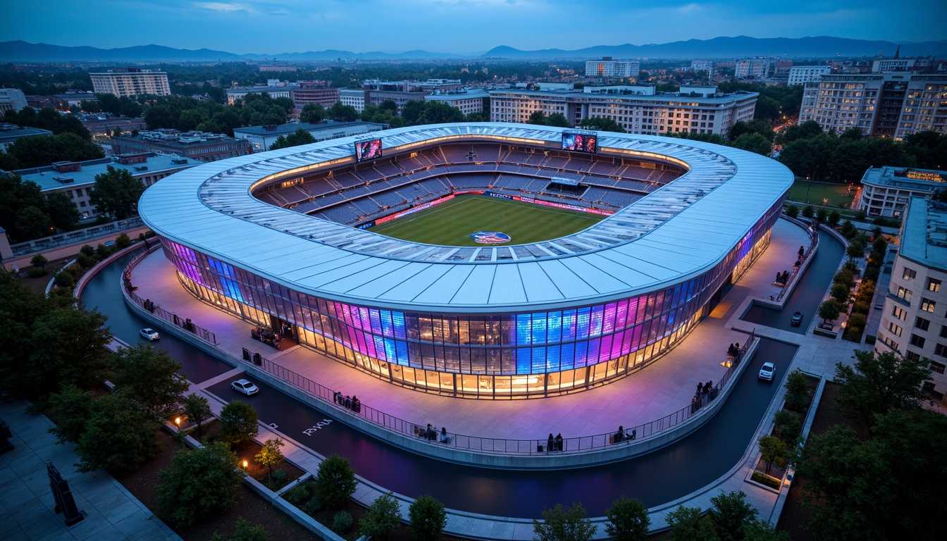 Prompt: Vibrant football stadium, dynamic curved lines, sleek metallic fa\u00e7ade, translucent glass panels, illuminated LED strips, bold angular shapes, modern sports architecture, vast open concourses, tiered seating areas, lush greenery, natural stone walls, cantilevered roofs, dramatic evening lighting, shallow depth of field, 1/2 composition, panoramic view, realistic textures, ambient occlusion.