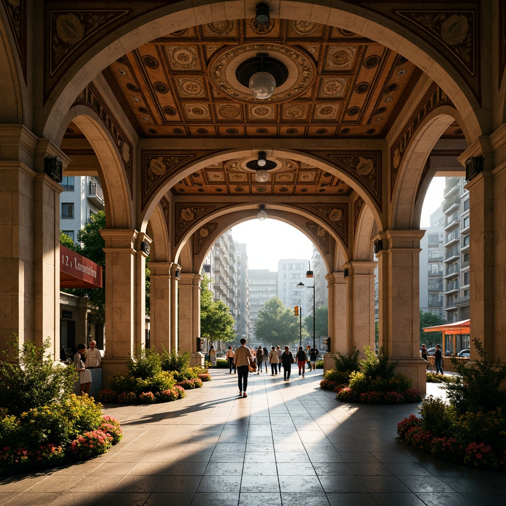 Prompt: Ancient Romanesque metro station, ornate stone carvings, grand archways, rusticated columns, intricate mosaics, lush greenery, vibrant flower arrangements, pedestrian walkways, modern streetlights, urban cityscape, bustling commuter activity, warm golden lighting, shallow depth of field, 1/2 composition, symmetrical framing, realistic textures, ambient occlusion.