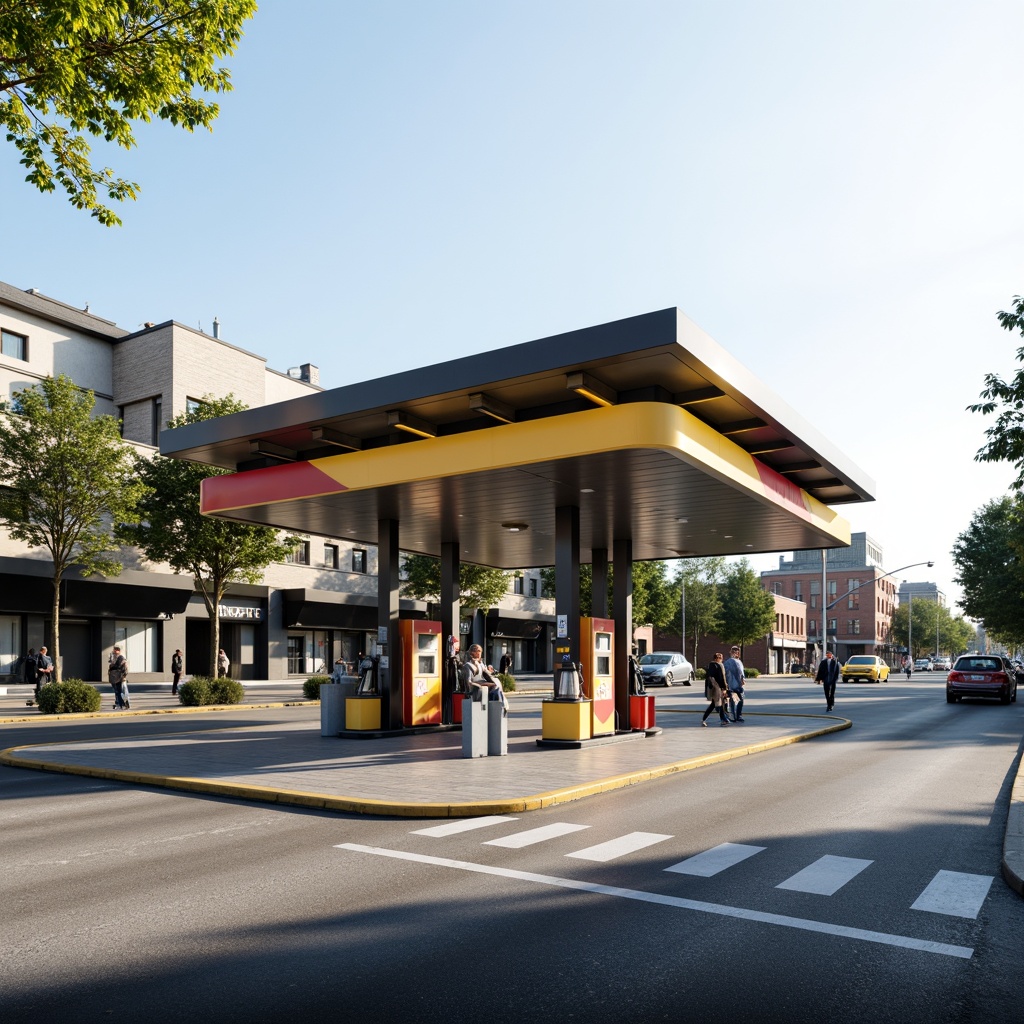 Prompt: Minimalist gas station, clean lines, rectangular forms, primary colors, steel structures, glass canopies, geometric shapes, functional design, modern typography, industrial materials, urban landscape, busy streets, morning light, shallow depth of field, 1/1 composition, realistic textures, ambient occlusion.