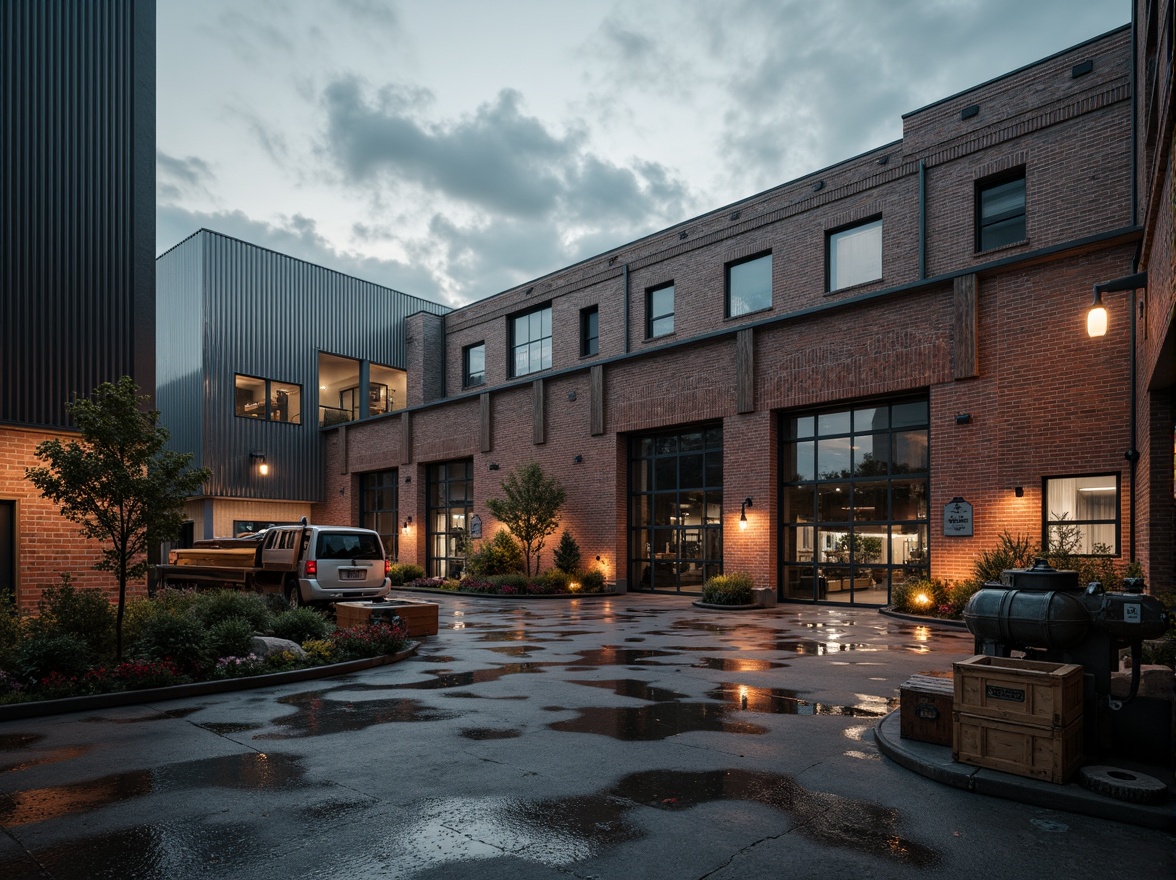 Prompt: Industrial warehouse, galvanized steel exterior, fire brick accents, rustic textures, metallic sheen, urban landscape, cloudy sky, dramatic lighting, high contrast, deep depth of field, 1/1 composition, realistic reflections, ambient occlusion, worn wooden crates, old machinery, distressed finishes, vintage industrial aesthetic.