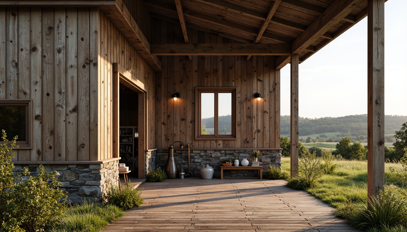 Prompt: Rustic barn, wooden beams, metal accents, corrugated iron roofs, weathered wood textures, earthy color palette, natural stone foundations, reclaimed wood cladding, industrial-style lighting, exposed ductwork, vintage agricultural equipment, rural landscape, rolling hills, green pastures, wildflowers, sunny afternoon, warm soft light, shallow depth of field, 1/1 composition, realistic rendering, ambient occlusion.