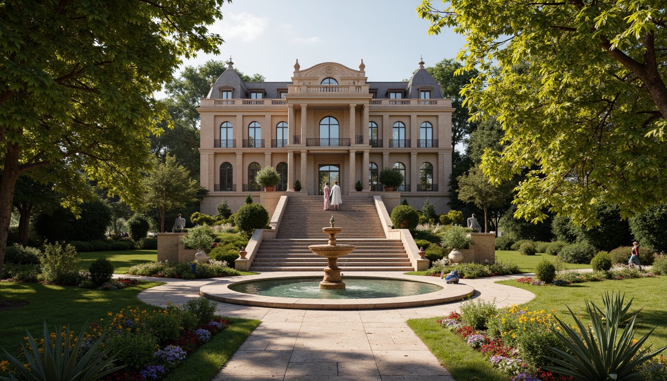 Prompt: Ornate fountain, grand staircase, lush greenery, vibrant flowers, manicured lawns, symmetrical pathways, ornamental statues, decorative vases, intricately designed gates, rustic stone walls, imposing Baroque architecture, grandiose entrance, majestic columns, arched windows, ornate balconies, soft warm lighting, shallow depth of field, 3/4 composition, panoramic view, realistic textures, ambient occlusion.