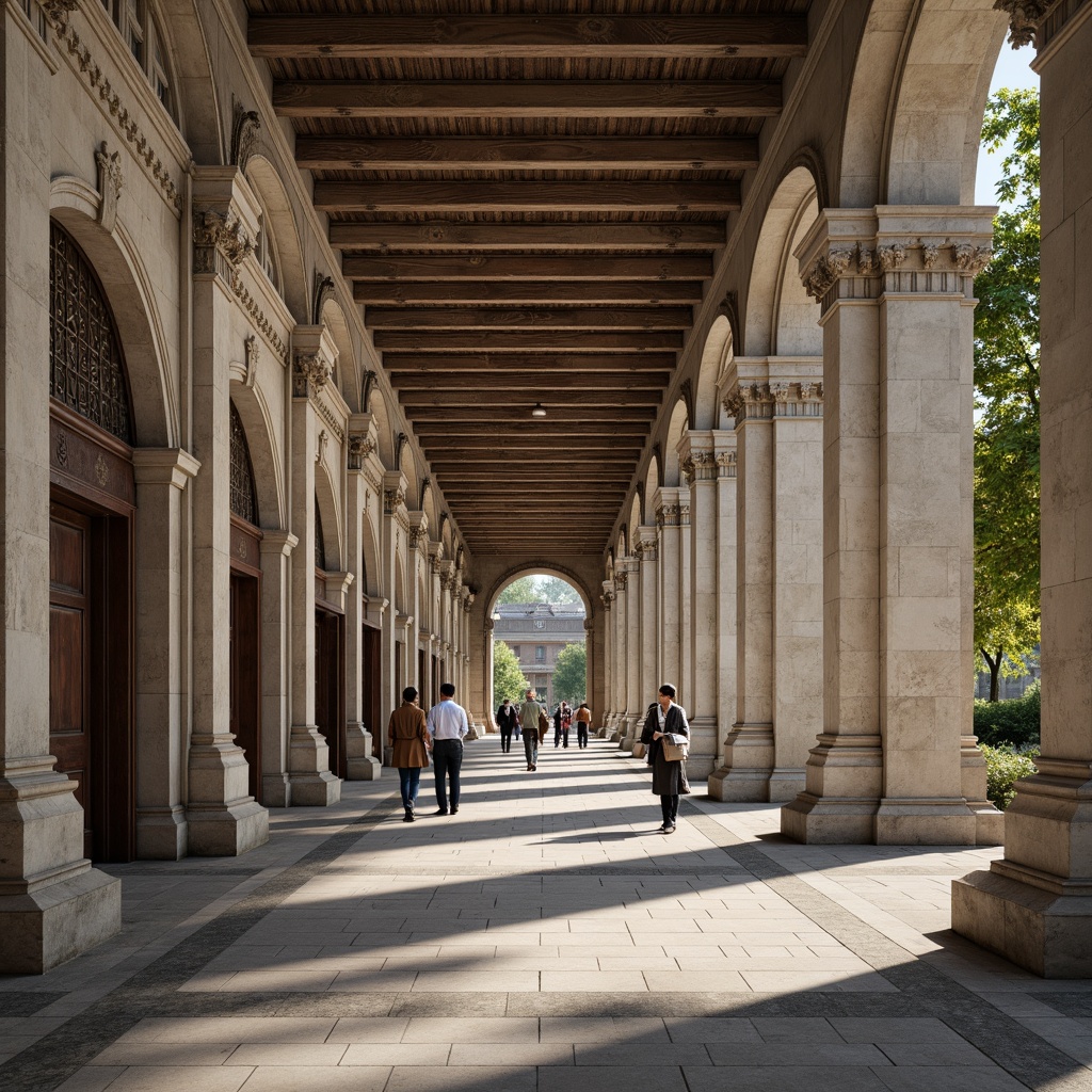 Prompt: Grandiose academic buildings, ornate facades, neoclassical columns, majestic archways, intricately carved stonework, weathered bronze doors, symmetrical compositions, harmonious proportions, subtle color palette, soft natural lighting, nuanced texture details, atmospheric misting, 1/2 composition, shallow depth of field, realistic reflections.