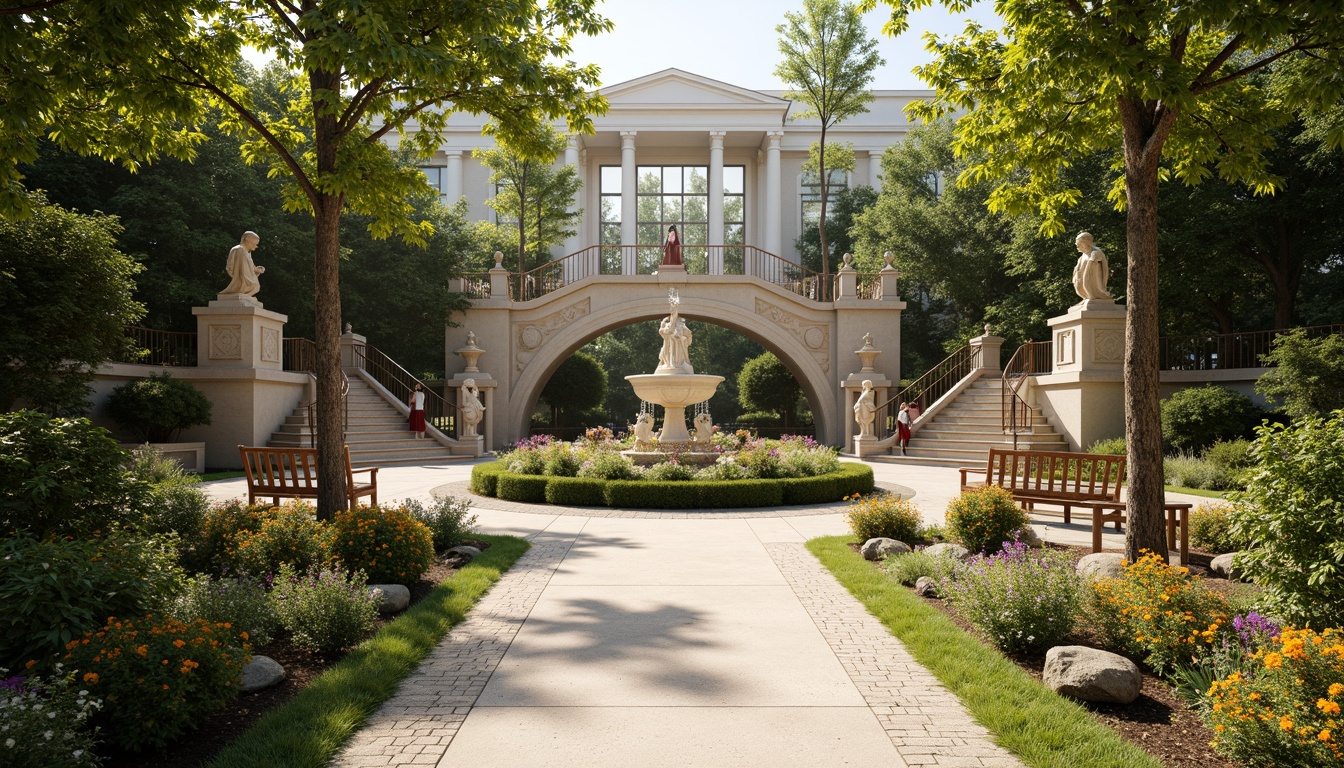 Prompt: Ornate fountains, grand staircases, majestic statues, lush greenery, vibrant flowers, intricately manicured hedges, symmetrical pathways, ornamental lanterns, decorative stone carvings, rustic wooden benches, majestic oak trees, sunny afternoon, soft warm lighting, shallow depth of field, 3/4 composition, panoramic view, realistic textures, ambient occlusion.