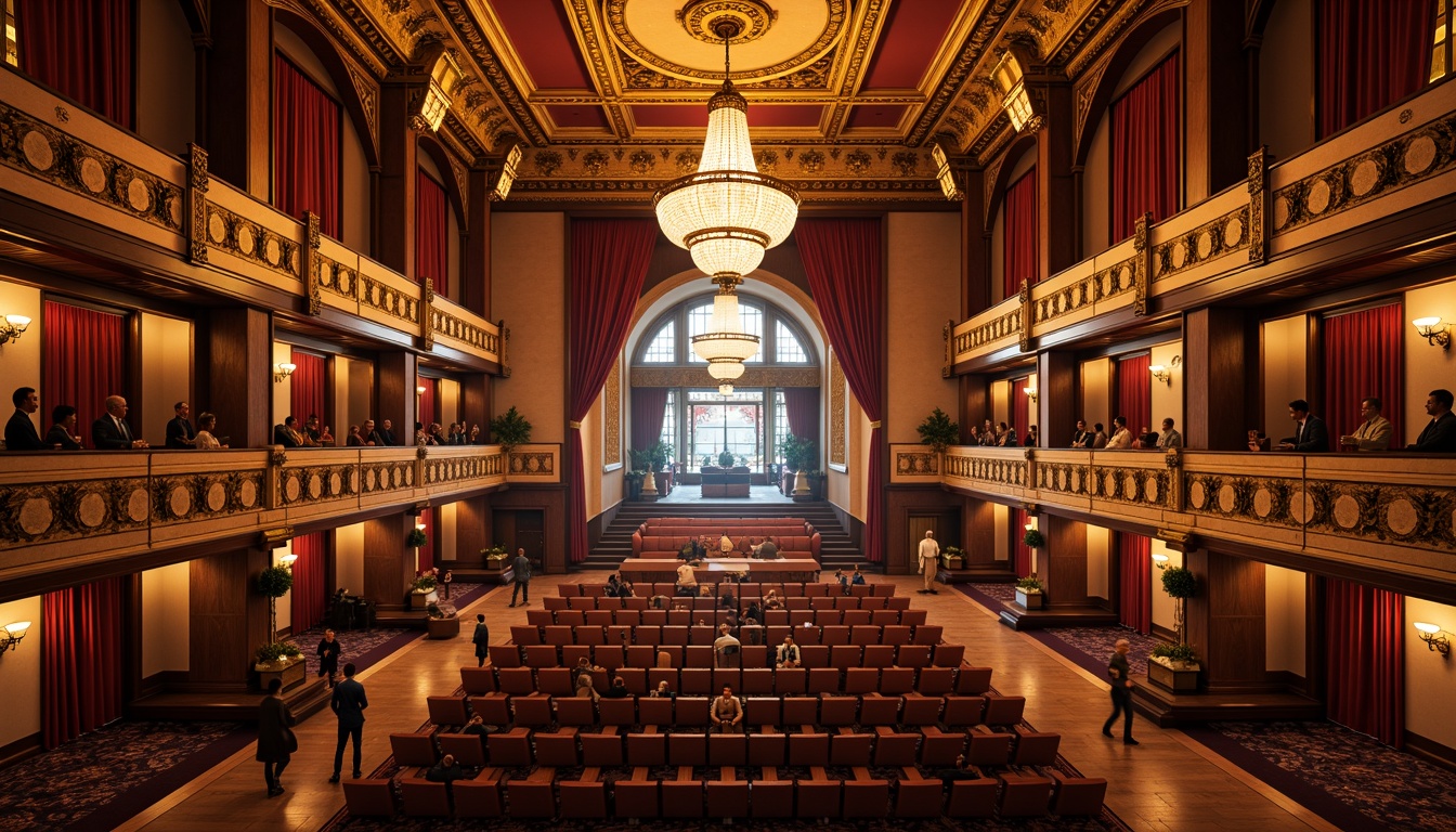 Prompt: Grand auditorium, ornate chandeliers, intricate moldings, luxurious velvet curtains, gilded frames, polished wooden panels, majestic staircases, sweeping arches, opulent balconies, richly patterned carpets, warm golden lighting, dramatic spotlights, 3/4 composition, shallow depth of field, panoramic view, realistic textures, ambient occlusion.