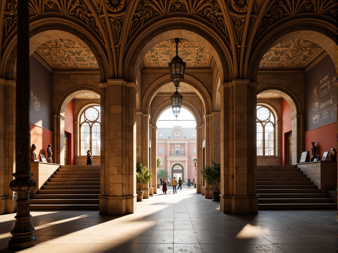 Prompt: Grand museum entrance, Romanesque archways, ornate stone carvings, rustic brick fa\u00e7ade, imposing columns, vaulted ceilings, grand staircases, intricate mosaics, stained glass windows, warm golden lighting, dramatic shadows, 1/2 composition, low-angle view, realistic textures, ambient occlusion.