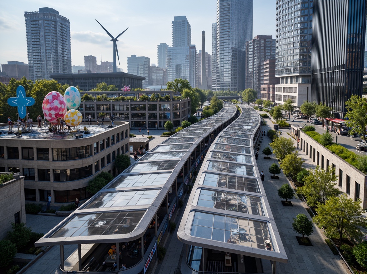 Prompt: Futuristic tram station, dynamic curved lines, gleaming metal surfaces, LED light installations, transparent glass roofs, open-air platforms, urban landscape, bustling city atmosphere, modern architecture, sustainable energy systems, green roofs, solar panels, wind turbines, vibrant colorful accents, geometric patterns, abstract sculptures, shallow depth of field, 3/4 composition, panoramic view, realistic textures, ambient occlusion.