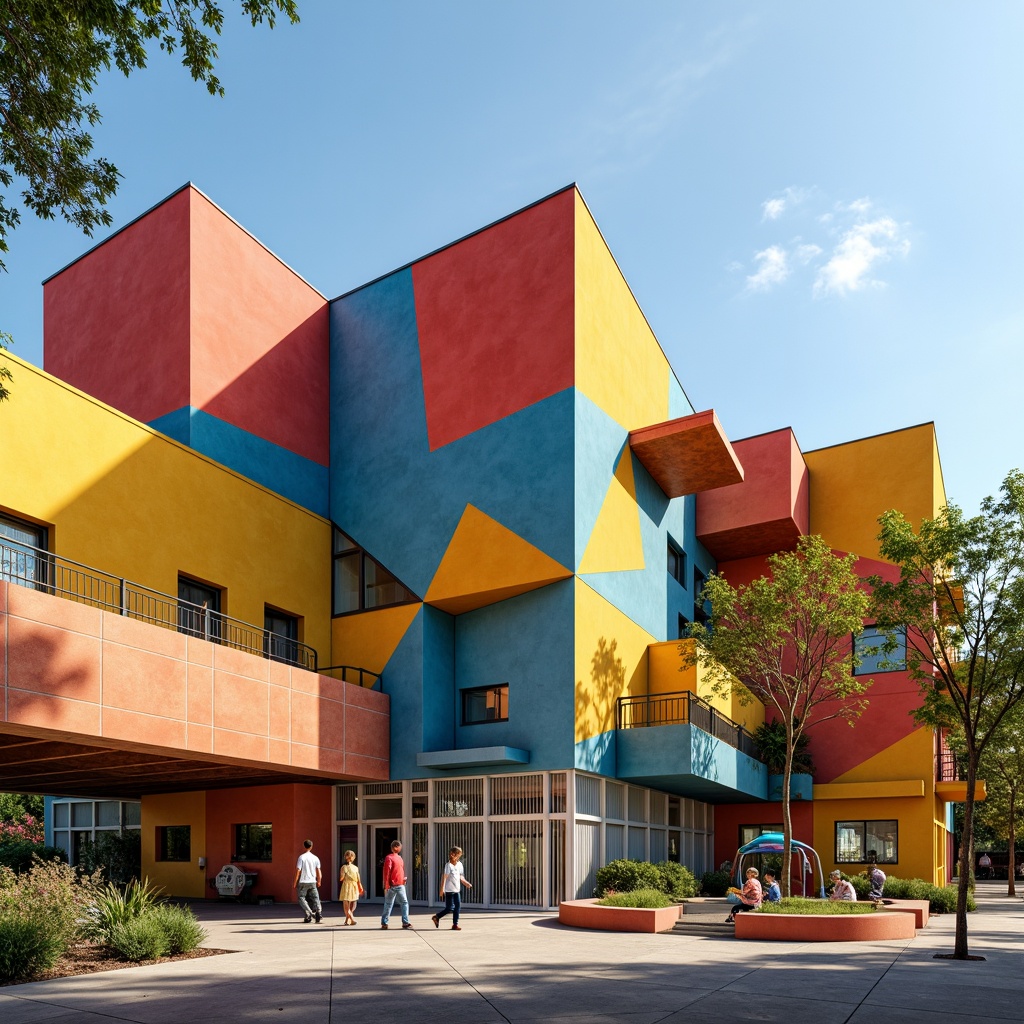 Prompt: Vibrant middle school facade, constructivist architecture, bold geometric shapes, bright primary colors, irregular forms, playful patterns, textured concrete walls, steel beams, industrial-style windows, minimalist ornamentation, educational signage, lively outdoor spaces, recreational facilities, sports equipment, dynamic shadows, warm natural light, 1/2 composition, contextual view, detailed textures, ambient occlusion.