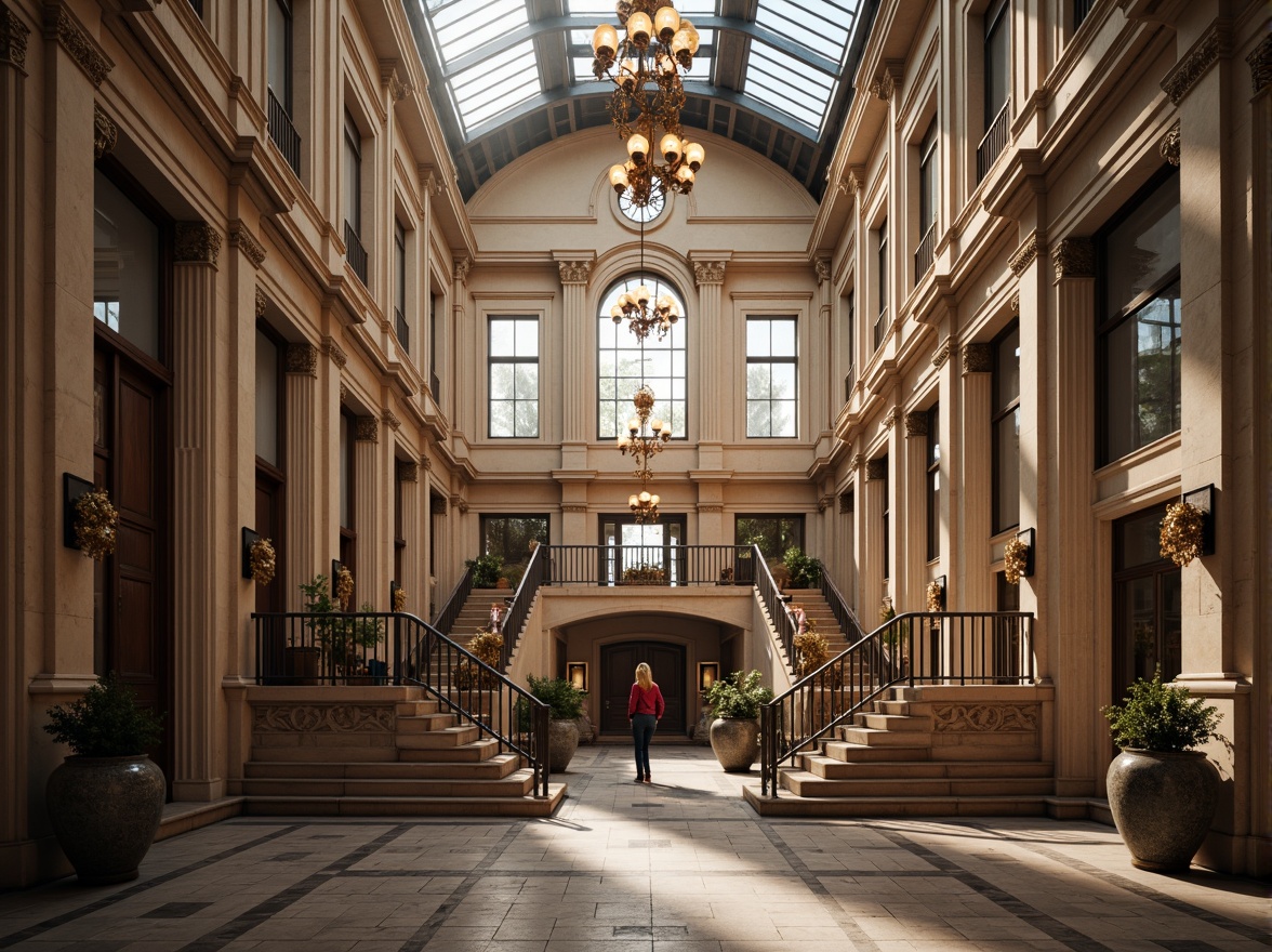 Prompt: Grandiose university buildings, neoclassical facades, ornate columns, carved stone details, imposing entrance gates, symmetrical architecture, majestic clock towers, intricately patterned floors, regal staircases, elegant chandeliers, soft warm lighting, shallow depth of field, 3/4 composition, realistic textures, ambient occlusion.