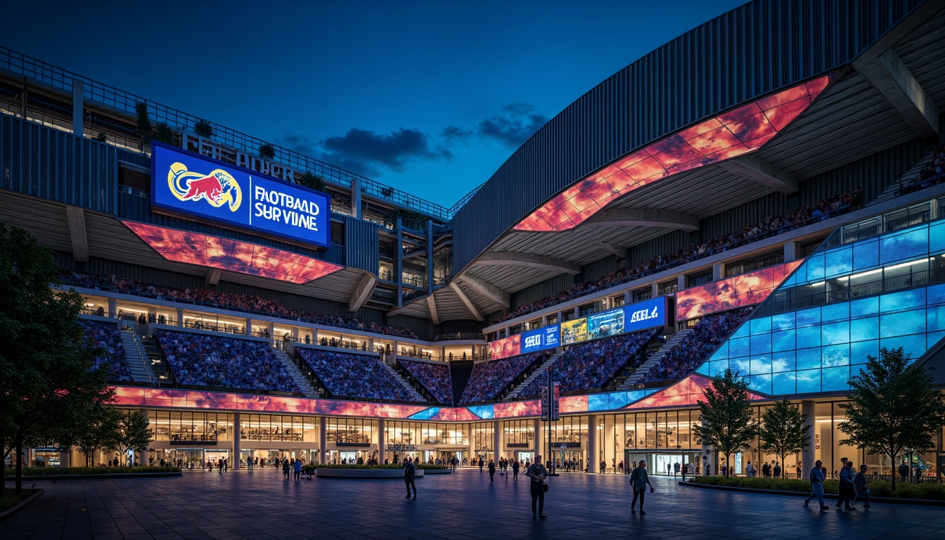 Prompt: Spectacular football stadium, dynamic curved lines, angular metal fa\u00e7ade, vibrant team colors, LED lighting systems, large digital displays, cantilevered roofs, open-air concourses, sleek modern architecture, sturdy concrete structures, ribbed metal panels, weathered steel exteriors, dramatic nighttime illumination, 1/2 composition, low-angle shot, shallow depth of field, realistic textures, ambient occlusion.