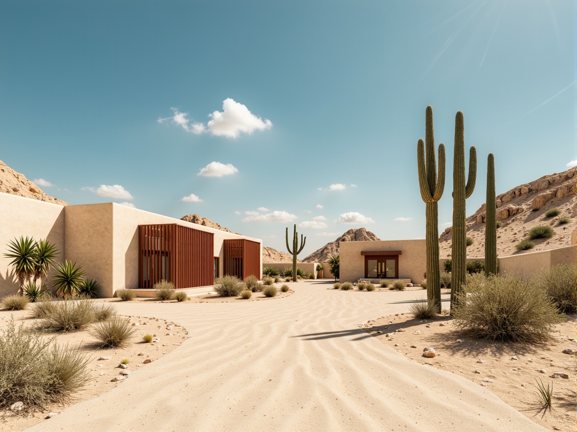 Prompt: Earthy desert landscape, sandy dunes, cactus plants, hot sunny day, clear blue sky, vast open space, modern desert architecture, warm beige buildings, rusty red metal accents, natural stone walls, weathered wood textures, sandy neutral color palette, earthy brown tones, soft peach hues, vibrant turquoise accents, ambient occlusion, shallow depth of field, 3/4 composition, panoramic view, realistic textures.