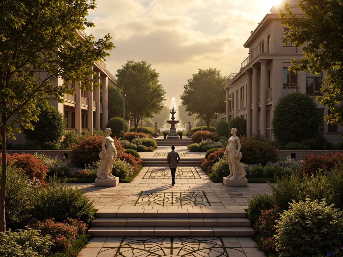 Prompt: Ornate fountains, lush greenery, vibrant flowers, statues of mythological figures, walking paths with ornate stone pavers, grand staircases, symmetrical garden designs, intricate hedge mazes, classical sculptures, imposing stone columns, dramatic lighting effects, warm golden sunsets, soft focus background, 1/1 composition, realistic textures, ambient occlusion, romantic atmosphere.