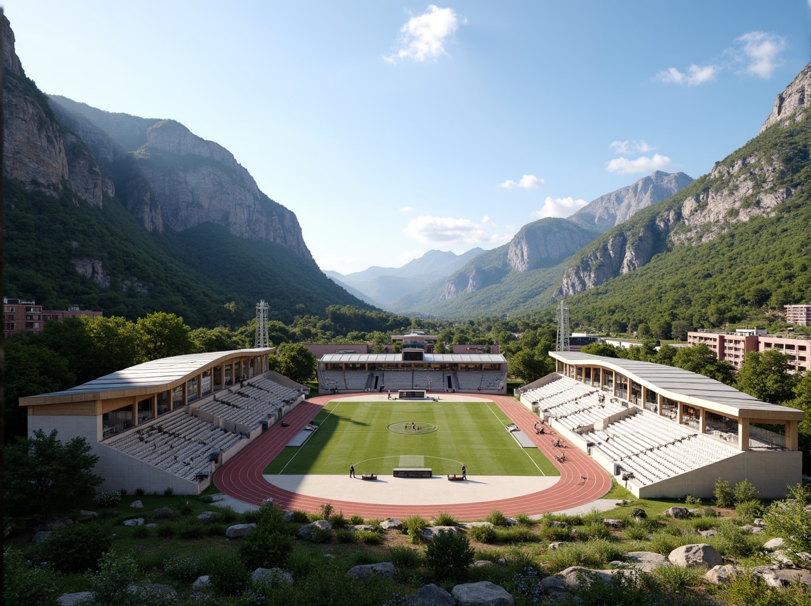 Prompt: Mountainous landscape, lush greenery, serene atmosphere, modern stadium architecture, curved lines, sleek metal structures, translucent roofs, natural stone walls, wooden accents, vibrant athletic tracks, scoring boards, floodlights, tiered seating, panoramic views, shallow depth of field, 3/4 composition, realistic textures, ambient occlusion, warm sunny day, soft diffused lighting.