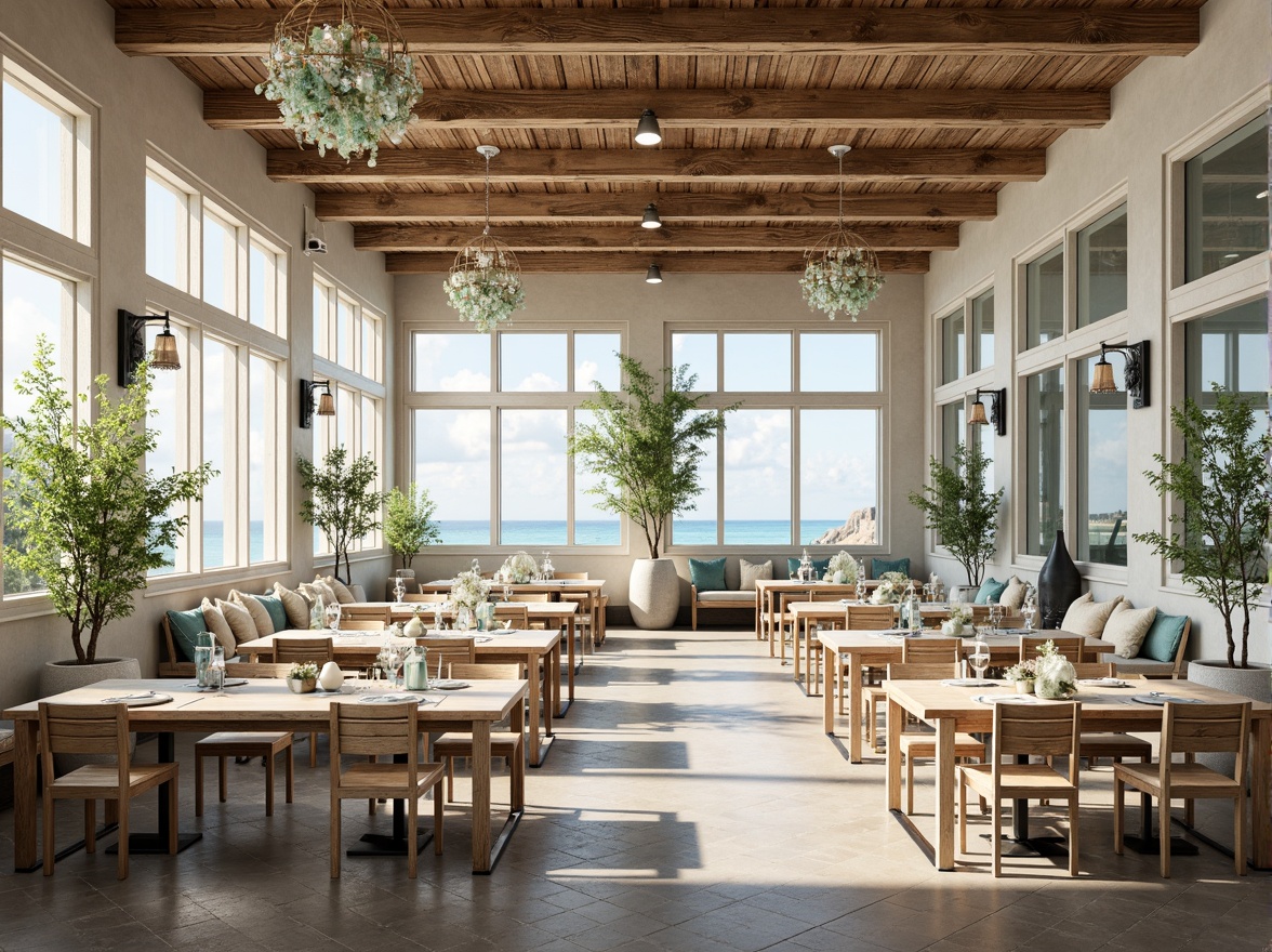 Prompt: Coastal dining hall, ocean-inspired color scheme, calming blues, soothing whites, warm sandy neutrals, rich driftwood tones, natural textures, reclaimed wood accents, nautical ropes, sea glass chandeliers, wavy patterns, beachy vibes, sunny day, soft warm lighting, shallow depth of field, 3/4 composition, realistic renderings, ambient occlusion.