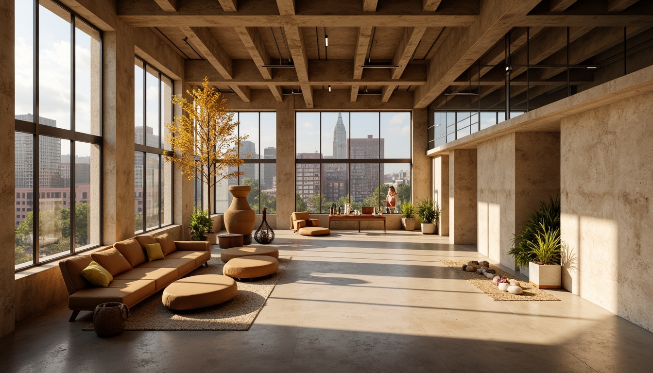 Prompt: Earthy sienna tones, modernist architecture, clean lines, minimalist aesthetics, industrial materials, exposed concrete, steel beams, large windows, urban cityscape, contemporary art pieces, sleek furniture designs, abstract sculptures, warm natural light, soft shadows, shallow depth of field, 1/1 composition, realistic textures, ambient occlusion.