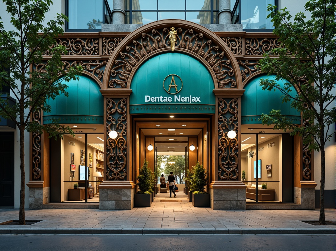 Prompt: Richly ornamented facade, eclectic dental clinic, vibrant turquoise accents, intricate Art Nouveau patterns, ornate bronze details, grandiose entranceways, stained glass windows, lush green walls, natural stone cladding, modern minimalist signage, warm LED lighting, shallow depth of field, 1/2 composition, soft focus effect, realistic textures, ambient occlusion.