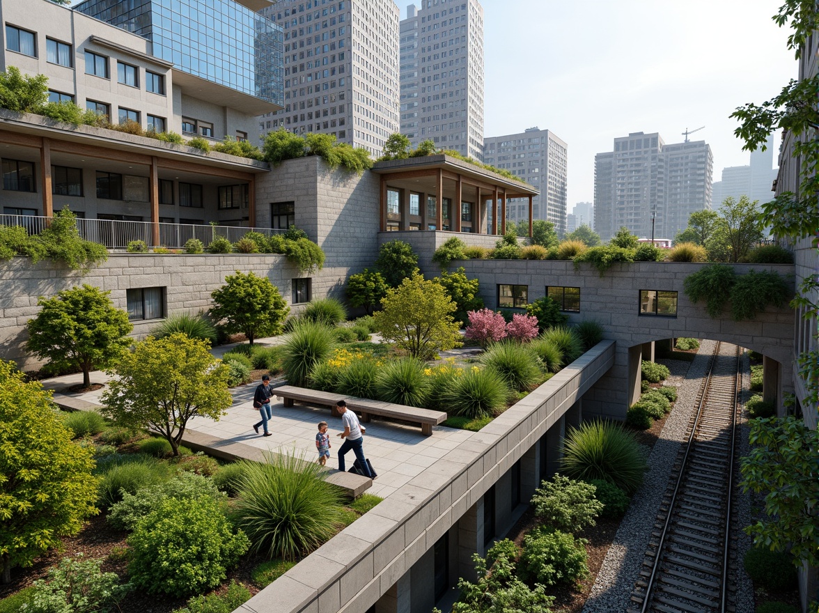 Prompt: Vibrant green roofs, lush vegetation, natural stone walls, modern train station architecture, large glass windows, steel beams, industrial chic design, urban landscape integration, bustling city atmosphere, dynamic light installation, shallow depth of field, 1/2 composition, panoramic view, realistic textures, ambient occlusion.