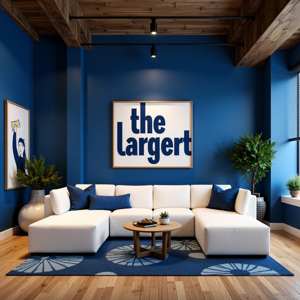 Prompt: Indigo accent walls, crisp white furniture, warm wood flooring, minimalist decor, geometric patterns, bold typography, functional simplicity, modernist aesthetics, rectangular shapes, primary color accents, industrial materials, metal lighting fixtures, urban loft atmosphere, moody dramatic lighting, high contrast ratios, 1/1 composition, sharp shadows, abstract artwork, avant-garde style.