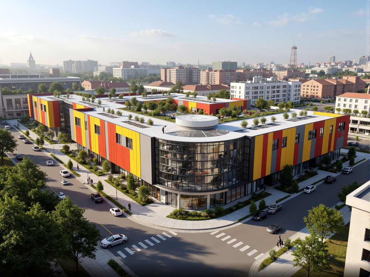 Prompt: Vibrant distribution center, social housing complex, modern innovative fa\u00e7ades, dynamic curved lines, sleek metal cladding, large glazed windows, cantilevered roof structures, bold color schemes, urban landscape, busy streets, morning light, shallow depth of field, 3/4 composition, panoramic view, realistic textures, ambient occlusion, community gardens, outdoor recreational spaces, accessible walkways, sustainable building materials, energy-efficient systems, green roofs, solar panels, wind turbines, water conservation systems.