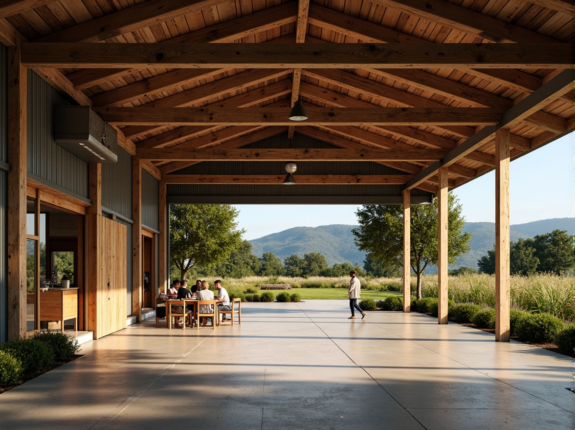 Prompt: Rustic barn, wooden beams, metal accents, reclaimed wood planks, earthy tones, natural textures, industrial chic, exposed ductwork, concrete floors, steel frames, corrugated metal roofing, weathered wood siding, rural landscape, rolling hills, lush greenery, wildflowers, sunny day, warm soft lighting, shallow depth of field, 1/1 composition, realistic materials, ambient occlusion.