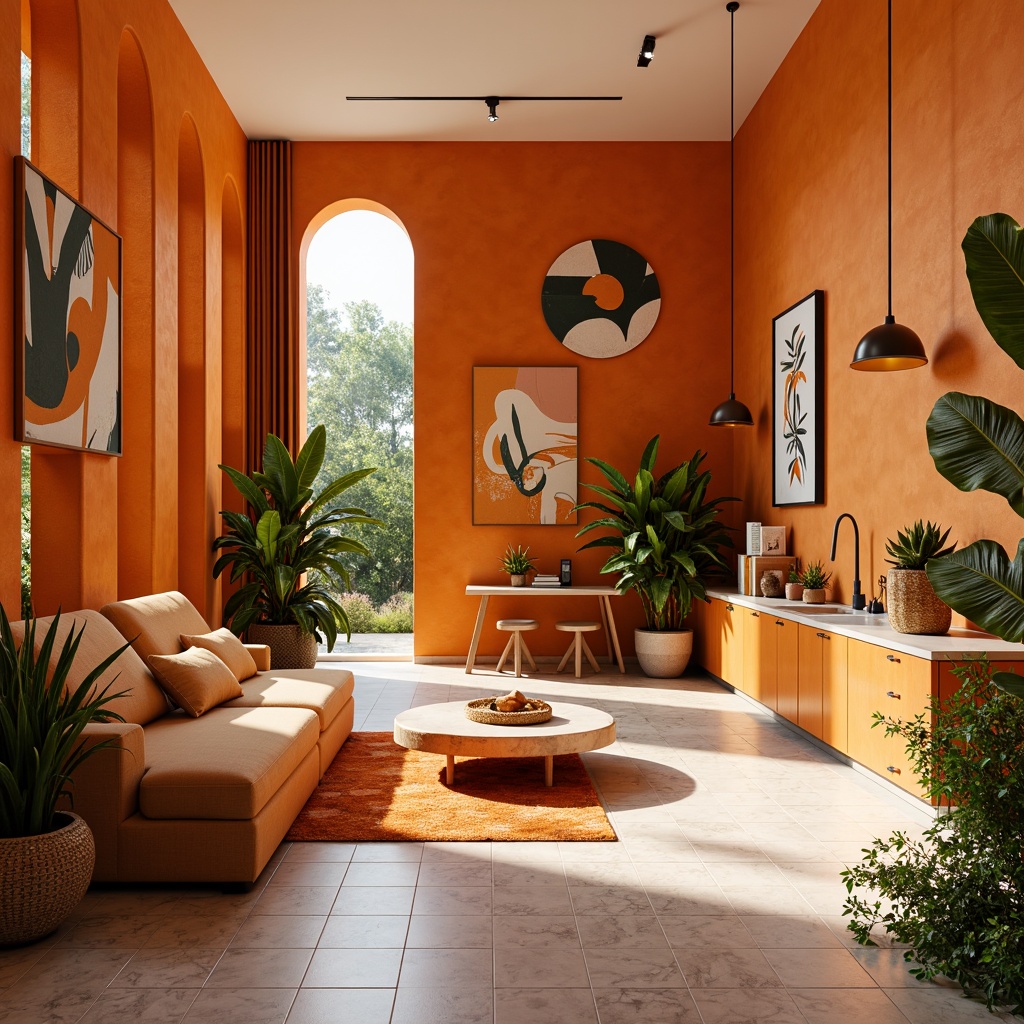 Prompt: Vibrant tangerine hues, warm golden lighting, abstract geometric patterns, modern art deco accents, luxurious velvet fabrics, metallic rose gold details, sleek minimalist furniture, polished marble countertops, lush greenery, tropical plants, exotic flowers, bright sunny day, soft focus, shallow depth of field, 1/1 composition, realistic textures, ambient occlusion.