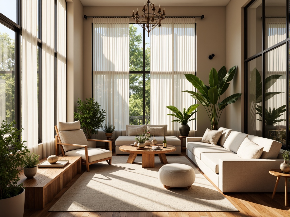 Prompt: Vibrant living room, floor-to-ceiling windows, sheer white curtains, natural oak wood flooring, minimalist decor, plush greenery, abundant sunlight, warm beige walls, cozy reading nook, oversized armchairs, soft cushions, elegant chandeliers, subtle shadows, gentle highlight, 1/1 composition, realistic rendering, ambient occlusion.