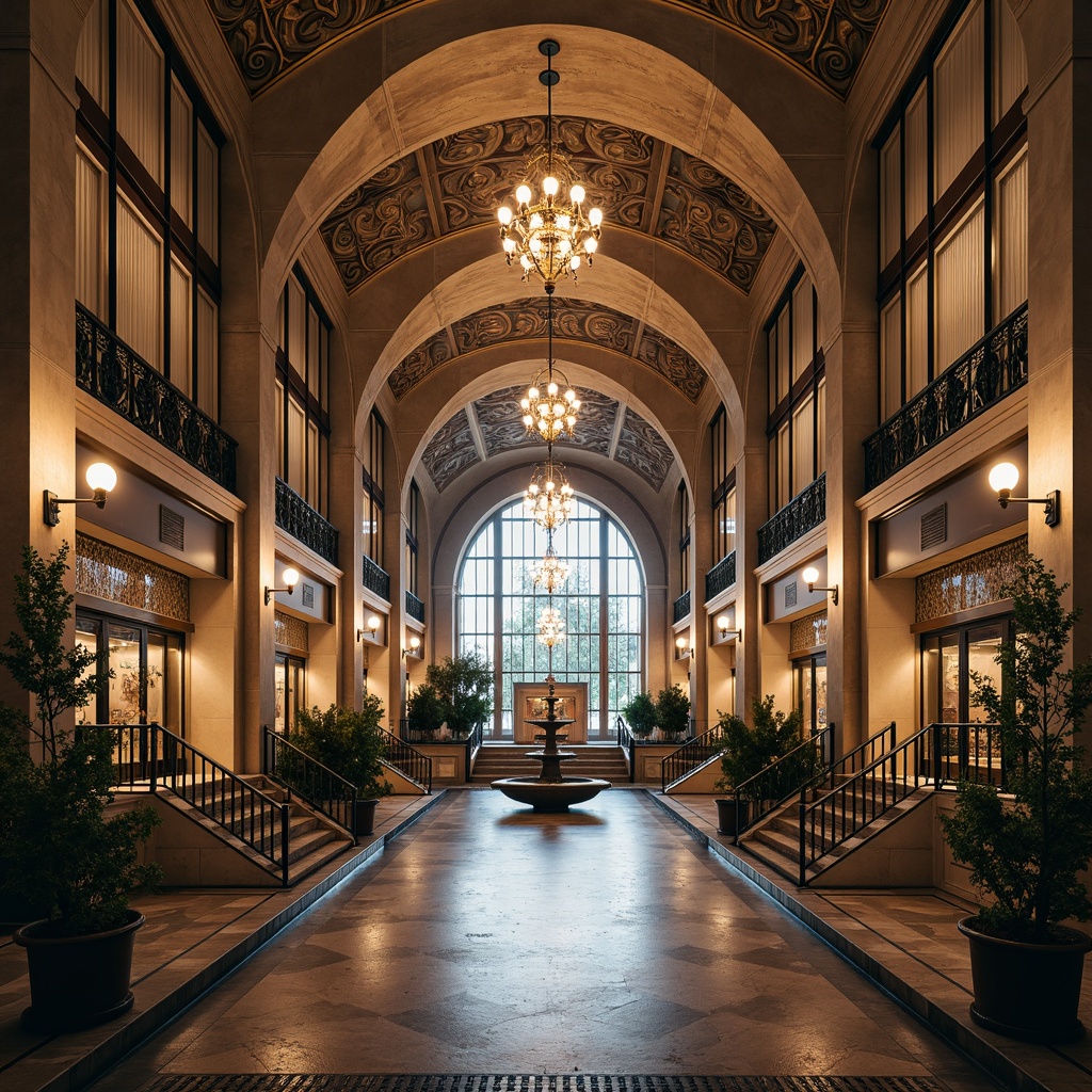 Prompt: Grand metro station, Romanesque archways, ornate stone carvings, vaulted ceilings, grandiose chandeliers, intricate mosaics, natural stone floors, bronze railings, elegant staircases, ornamental fountains, lush greenery, ambient soft lighting, shallow depth of field, 1/1 composition, symmetrical framing, realistic textures, detailed normal maps.